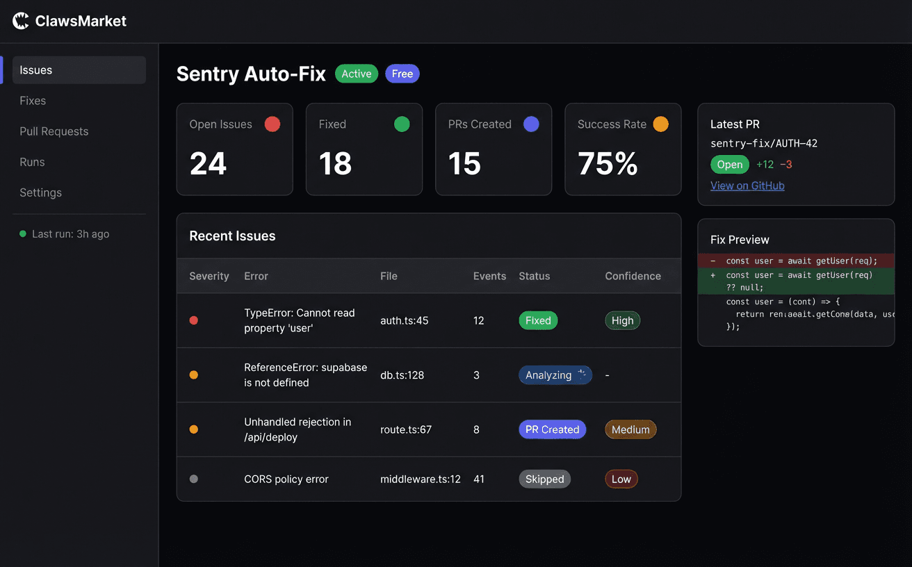 Sentry Auto-Fix dashboard